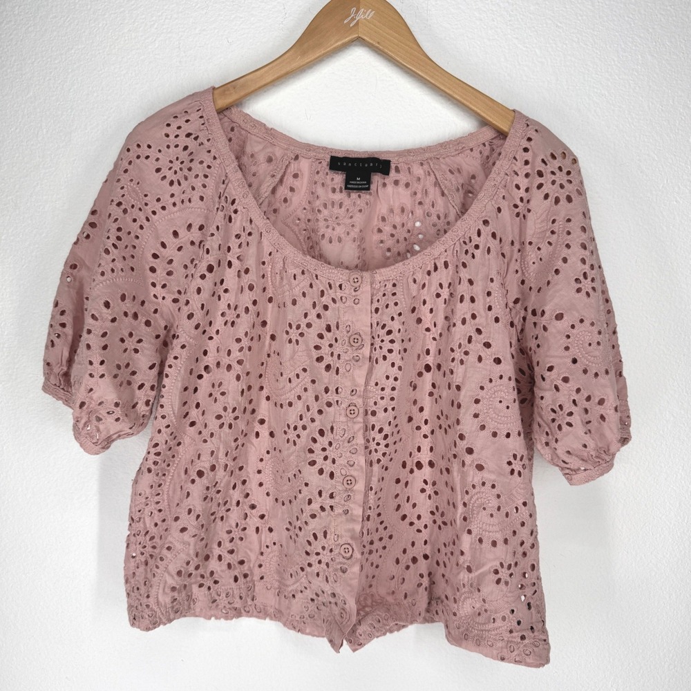 Sanctuary Eyelet Sheer Cotton Button Puff Sleeve Blouse Top Medium Boho Cottage